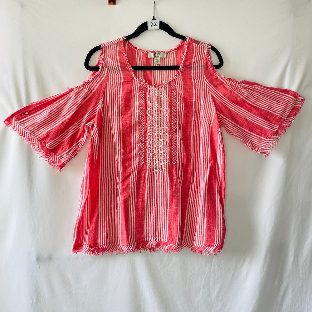 Vintage America Blues Womens Pink Cold Shoulder Sleeve Fringe Hem Top Size L